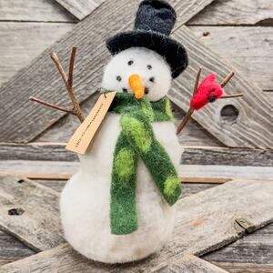 Country Christmas Wool Felt Snowman with Cardinal Friend by Creative Co-Op-8”H